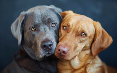 Wall Mural - Two dogs are standing next to each other, one is brown and the other is gray. They are looking at the camera with their eyes wide open