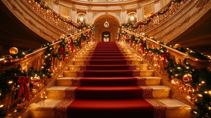 Wall Mural - Opulent Grand Christmas Staircase with Elegant Holiday Decorations