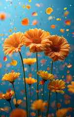 Wall Mural - A bouquet of yellow flowers with a blue background. The flowers are scattered around the background, giving the impression of a windy day