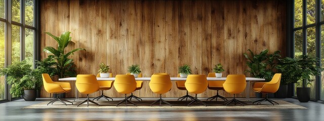 Wall Mural - Modern Office Interior Design with Wooden Wall and Yellow Chairs