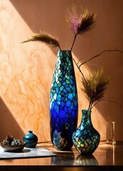 Wall Mural - Colorful Decorative glass vase with green and blue pattern on the table. Close up. ai generative