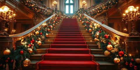 Wall Mural - Opulent Grand Christmas Staircase with Elegant Holiday Decorations