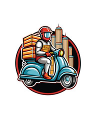 Wall Mural - Retro pizza delivery hero, wearing a helmet and riding a scooter, carrying pizza boxes.