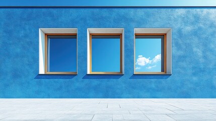 Poster - Three Windows in Blue Wall