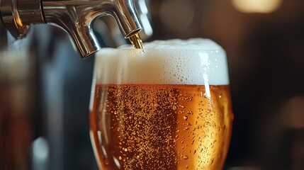 Close-up of the beer being pressed from a tap into a glass, with foam overflowing and bubbles rising in the amber liquid