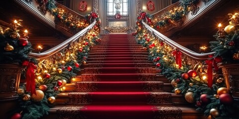 Wall Mural - Opulent Grand Christmas Staircase with Elegant Holiday Decorations