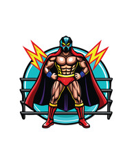 Wall Mural - Retro wrestler character illustration with colorful design, standing in the ring, with a cape and mask.