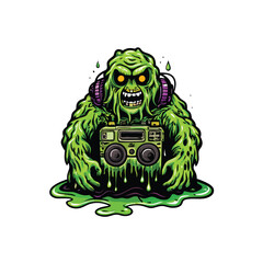 Wall Mural - A green, sludge-covered monster from the 90s wearing headphones and holding a boombox.