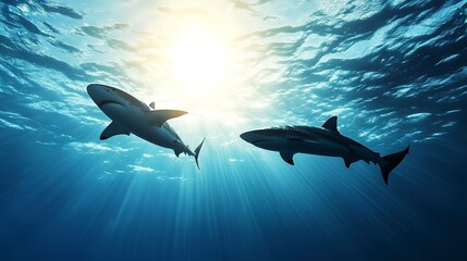 Poster - vibrant colors showcasing dynamic movements sharks underwater scene, ocean, marine, creature, swimming, sea, fin, tail, body, fluidity, pattern, light 