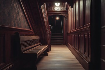 A long hallway with a wooden bench in it. AI generative. Dark academia style, victorian style mansion interior design with wooden stairs. 