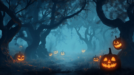 A foggy, moonlit forest with glowing jack-o'-lanterns scattered among the trees, creating a hauntingly beautiful scene.