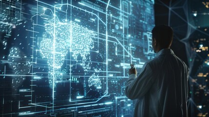 A data scientist using AI to analyze a complex network of data on a futuristic computer interface