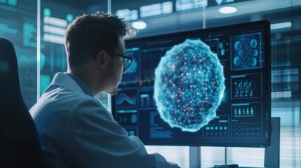 A data scientist using AI to analyze a complex network of data on a futuristic computer interface