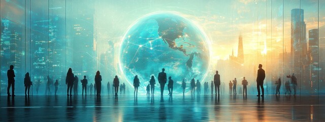 Poster - Silhouettes of people looking at a digital globe in a futuristic city