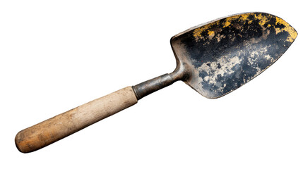 Trowel and shovel isolated on a white background, showcasing gardening and construction tools with metal and wooden handles