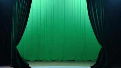 Aufkleber - The green curtains gracefully part to unveil the stage, where dynamic lighting sets the scene for an exciting performance in a theater. Anticipation fills the air.