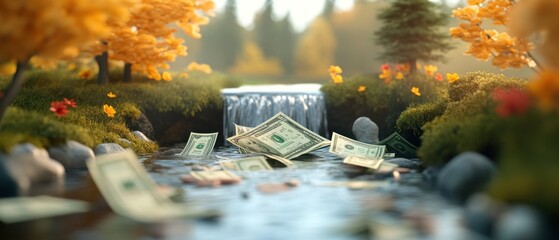 Banknotes float along waterfall, the current money management concept and cash flow.