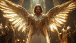 © Laurent - radiant male angel in golden armor with large glowing wings, standing in a divine hall filled with light