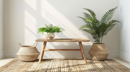 A Scandinavian-inspired living room featuring a natural wood coffee table complemented by a leafy fern and a woven wicker basket