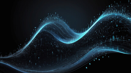 A dynamic visualization of blue wavy lines with particles, set against a dark background, creating a sense of fluid motion and energy.