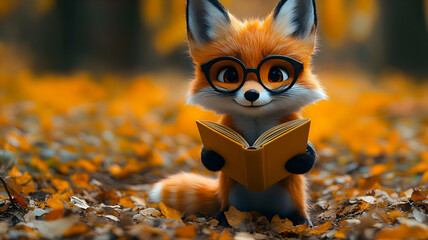 Cute cartoon fox wearing glasses reading a book in a forest setting with autumn leaves.