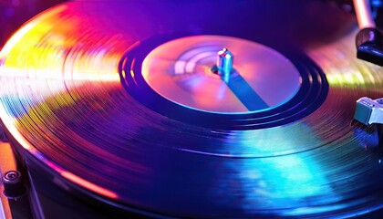 Close-up of a spinning vinyl record on a turntable, with vibrant neon lights creating a retro, nostalgic atmosphere