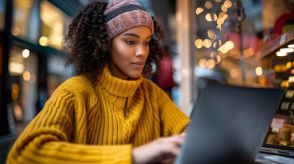 Wall Mural - show a photographic scene of a young woman experiencing a rewarding buying process behind her latop and show in text and process indicators all the st, AI Generative