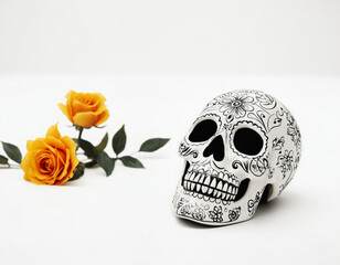 Decorated sugar skull with intricate designs on a white background. Yellow flowers. Mexican Day of the Dead. Concepts of culture and tradition.