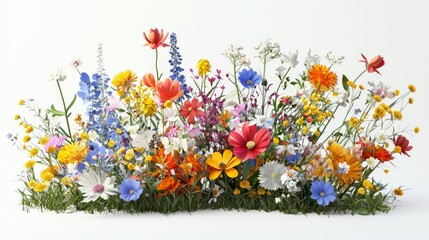 Wall Mural - Vibrant 3D Bouquet of Assorted Garden Flowers on White Background at 45 Degrees Angle