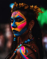 Portrait of a beautiful young woman with face art. Colorful make up. ai generative