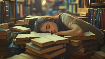 portrait of a girl in a library sleeping on a book