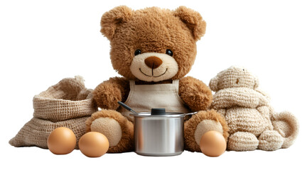 a stuffed bear with a pot and eggs. 