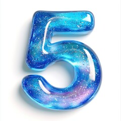 3D number 5 with blue liquid with glitters in glass number texture realistic modern design, soft lighting, white background. 