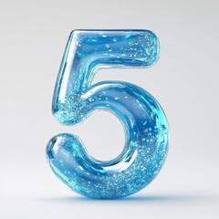 3D number 5 with blue liquid with glitters in glass number texture realistic modern design, soft lighting, white background. 