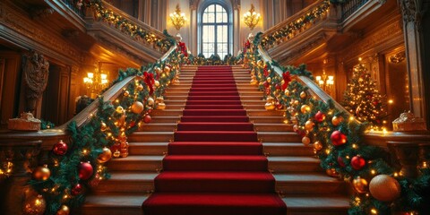 Wall Mural - Opulent Grand Christmas Staircase with Elegant Holiday Decorations