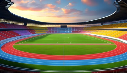 Wall Mural - Expansive sports stadium with a vibrant track, perfect for thrilling athletic events and competitions