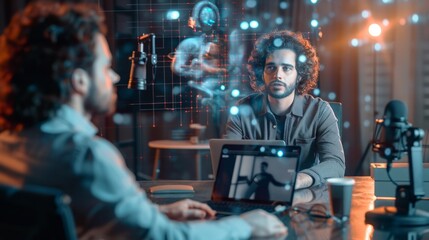 Wall Mural - Two men are sitting at a table with laptops in front of them