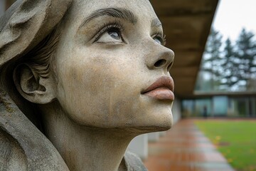 Sticker - Close-up of a Stone Statue of a Woman's Face Looking Up