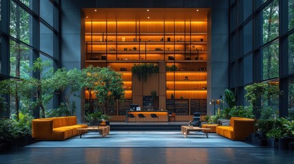 Sticker - Modern Lobby with Warm Lighting and Greenery