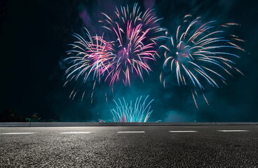 celebration night fireworks in the city landscape road outdoor