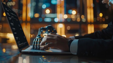 Sticker - A man is typing on a laptop with a robotic arm on the screen