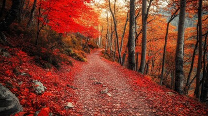 Wall Mural - Autumnal Path Through a Forest of Red