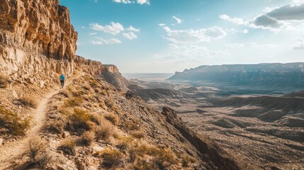 A lone hiker on a trail along a towering cliff overlooking a vast, arid canyon