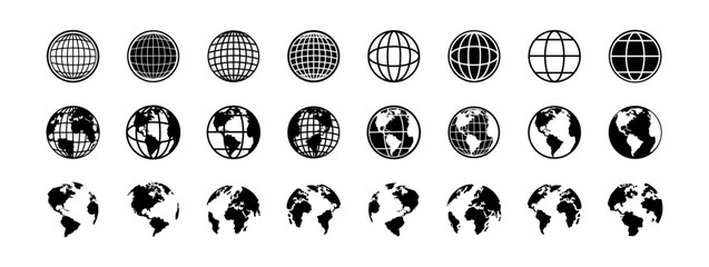 Wall Mural - Globe vector icons. World maps black. Earth globe. Planet earth in different shapes. Big set of Earth Globe. Vector illustration