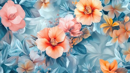 Colorful floral pattern featuring pink flowers on blue fabric backdrop.