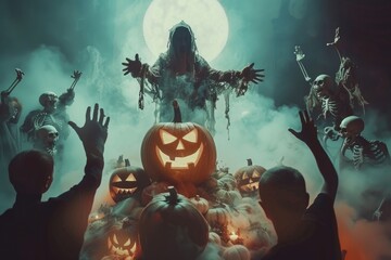 A hooded figure and skeletons surround pumpkins in a spooky halloween scene