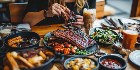 There is a plate of ribs with sides of fries and vegetables.