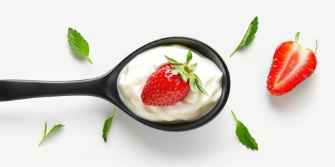 This image depicts a scoop of yogurt garnished with fresh strawberries and mint leaves, evoking a healthy yet indulgent treat that is both visually appealing and rich in nutrients.