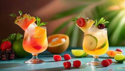 Wall Mural - Colorful cocktails infused with fresh fruit, basking in a warm, inviting backdrop, ideal for summer festivities