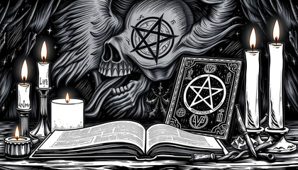 Witchcraft composition with candles, magic book and pentagram symbol. Altar for satanic rituals. Black magic and occult objects isolated with white highlights, png